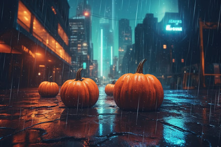 Halloween Pumpkins adorn a modern city backdrop, illuminated by mesmerizing neon glows. AI Generative AI.の素材