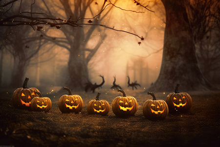 Spooky Halloween background featuring pumpkins. Get into the festive spirit with this captivating and eerie scene. AI Generative AIの素材