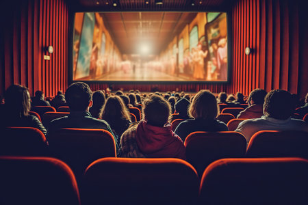 The cinema hall is full of spectators, a film is being shown on the screen, view from behind. AI Generative AIの素材