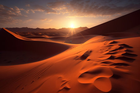 The Sahara desert stretches endlessly, its dramatic landscape captivating the senses. Vast dunes rise and fall, sculpted by the wind. The golden hues of sand merge with the intense blue sky, creating a breathtaking vista. AI Generative AIの素材