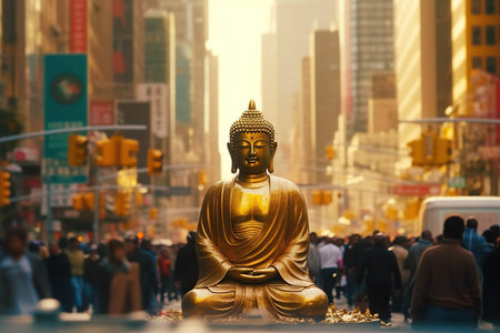 Amidst the bustling cityscape, a majestic golden Buddha statue stands tall, radiating a sense of tranquility and spirituality. Its serene presence amidst the urban chaos serves as a reminder of inner peace and harmony, inviting contemplation amidst the fast-paced world. Generative AIの素材