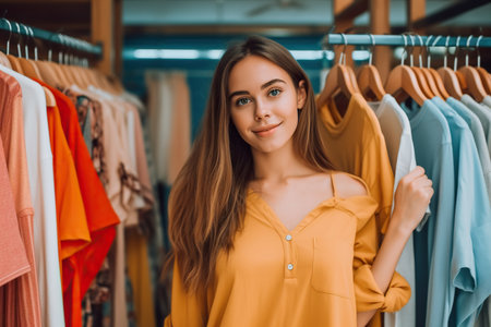In the vibrant summer season, a young woman with a dreamy expression wears a stylish shirt as she explores a novelty shop. Her eyes sparkle with curiosity, drawn to unique and eclectic items that capture her imagination. It's a delightful journey of discovery and self-expression in the realm of fashion and creativity. Generative AIの素材