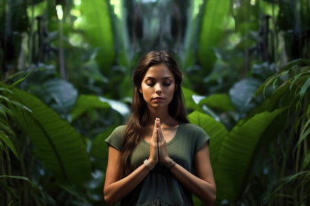In the lush jungle, a sensual young woman finds solace in meditation, her eyes closed in serene contemplation. With palms pressed together in a Namaste gesture, she embraces the harmony of nature and inner peace. It's a captivating portrait that embodies the connection between the human spirit and the wild beauty of the jungle. Generative AIの素材