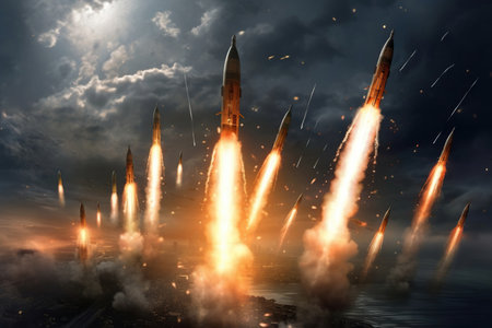 A formation of military intercontinental ballistic missiles soared through the expansive sky, a formidable display of strategic power and technological advancement. Their synchronized trajectory symbolized a united force capable of reaching distant targets with devastating precision. Generative AIの素材