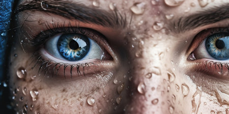 A woman with vibrant blue eyes gazes at you as rain delicately traces the contours of her finely sculpted face. Close Up portrait, AI Generative AIの素材