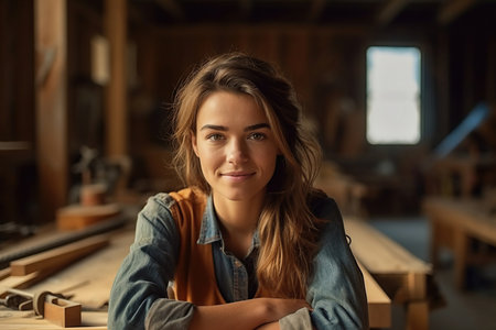 In a workshop, a sensual female craftsman is captured in a portrait, wearing a slight smile that reflects her candid nature. With skilled hands and a creative spirit, she transforms raw materials into exquisite works of art. Generative AIの素材