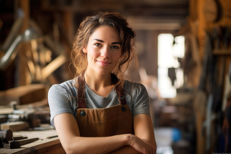 In a workshop, a sensual female craftsman is captured in a portrait, wearing a slight smile that reflects her candid nature. With skilled hands and a creative spirit, she transforms raw materials into exquisite works of art. Generative AIの素材