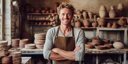 In a workshop, a portrait captures a handsome male potter master wearing a slight smile, showcasing his candid demeanor. His skilled hands expertly shape clay on the wheel, creating beautiful ceramic pieces. Generative AIの素材
