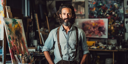 A portrait captures a handsome male artist in his bright workshop, surrounded by brushes and paints. He wears a slight smile that reflects his candid nature. With skilled hands and a creative spirit, he brings colors to life on the canvas. Generative AIの素材