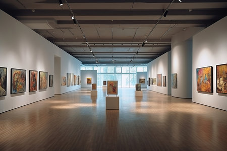 In a contemporary art gallery, an exhibition unfolds with captivating artworks adorning the walls. The space is devoid of people, allowing the art to speak for itself. Each piece showcases unique expressions of creativity, provoking thoughts and emotions. Generative AIの素材