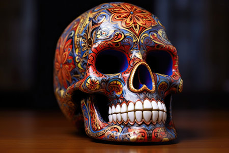 A Mexican skull calavera illustration captures the vibrant and intricate details of this iconic symbol. The colorful design showcases the fusion of traditional Mexican art and modern aesthetics. The calavera, with its decorative patterns and embellishments, represents the Day of the Dead, a celebration of life and remembrance. Generative AIの素材