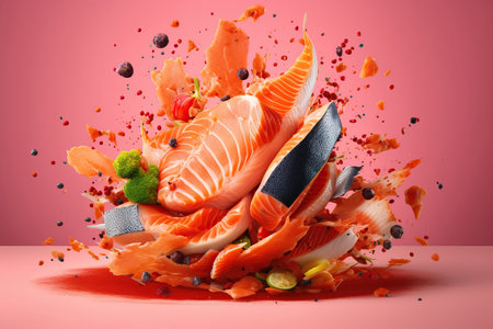 A burst of flavorsome fresh salmon meat, glistening and tender, offering a delightful explosion of taste. Rich, succulent, and satisfying, it leaves a lingering sensation of pure indulgence and seafood bliss. Generative AIの素材