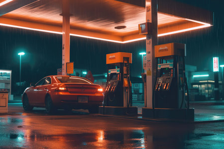 A close-up shot of a sleek modern car parked at a gas station. The shiny metallic surface reflects the fluorescent lights, while the fuel nozzle is inserted into the gas tank. Generative AIの素材