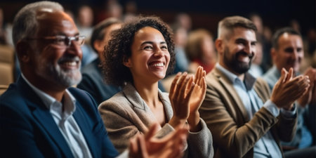 Smiling business professionals in the audience at a seminar, applauding and celebrating success and teamwork. A vibrant workshop or conference filled with joy and support. AI Generative AIの素材