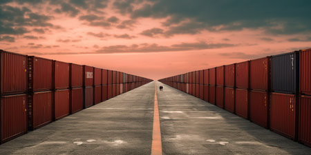 Rows of cargo containers stretch to the horizon, creating an awe-inspiring sight of endless stacks that signify global trade, logistics, and the interconnectedness of our modern world. AI Generative AIの素材
