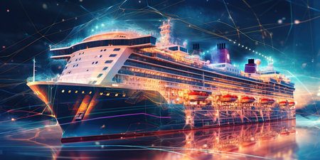 Electric cargo ship in future port: epitome of contemporary electric transport. Innovative design and sustainability blend with maritime environment. AI Generative AIの素材