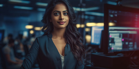 Sensual indian female Software Developer in a modern office, exuding confidence with a slight smile. Represents expertise and creativity in the tech industry. AI Generative AIの素材