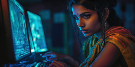 Sensual indian female Software Developer in a modern office, exuding confidence with a slight smile. Represents expertise and creativity in the tech industry. AI Generative AIの素材