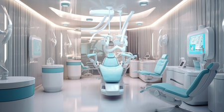 Smart dental clinic revolutionizes patient experience. Advanced tech, state of the art equipment, intelligent systems ensure efficiency, comfort. AI Generative AIの素材