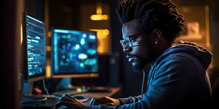 Handsome afro male Software Developer in a modern office, radiating confidence with a subtle smile. Embodies expertise and innovation in the fast-paced tech industry. AI Generative AIの素材