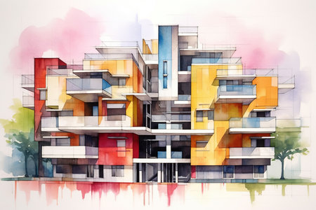 Vibrant color sketch showcases modern residential building plan. Clean lines, contemporary architecture, functional layout, and comfort. AI Generative AIの素材
