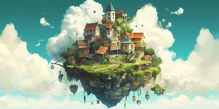 Magical city on a flying island enchants with whimsical architecture, vibrant colors, and fantastical landscapes. Floating through the heavens, it invites dreamers on a wondrous journey. AI generative AIの素材