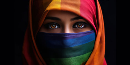 An Arab woman embraces her unique identity and personal expression by donning a rainbow niqab. Her vibrant attire symbolizes the intersection of her support for the LGBT. AI Generative AIの素材