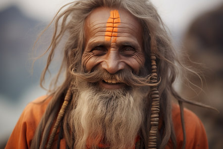 An Indian sadhu, immersed in deep meditation, sits motionless, embodying spiritual devotion, renunciation, and detachment from worldly desires. His serene countenance and saffron robe reflect a life devoted to seeking enlightenment and inner peace. Generative AIの素材