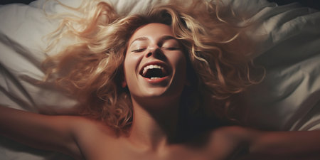 woman experiencing pleasure and happiness. Her facial expression reflects the orgasm she is experiencing. The beauty and harmony of the moment, allowing light and the joy inherent in such emotional experiences to shine through. Generative AIの素材