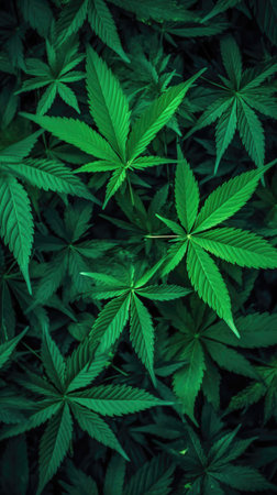 close-up shot of many marijuana leaves overlapping each other, creating a vibrant and lush green background. AI Generative AIの素材