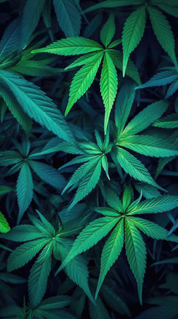 close-up shot of many marijuana leaves overlapping each other, creating a vibrant and lush green background. AI Generative AIの素材