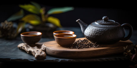A still life capturing the essence of a tea ceremony. Delicate teaware, carefully arranged flowers, and steaming cups of tea invite contemplation and tranquility. AI Generative AIの素材