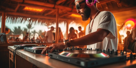 A DJ sets the beat at a seaside bar as people dance in the background. The energetic music blends with the ocean breeze, creating a vibrant and exhilarating atmosphere. AI Generative AIの素材