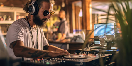 A DJ sets the beat at a seaside bar as people dance in the background. The energetic music blends with the ocean breeze, creating a vibrant and exhilarating atmosphere. AI Generative AIの素材