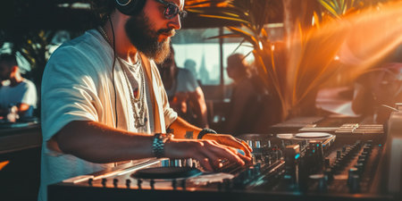A DJ sets the beat at a seaside bar as people dance in the background. The energetic music blends with the ocean breeze, creating a vibrant and exhilarating atmosphere. AI Generative AIの素材