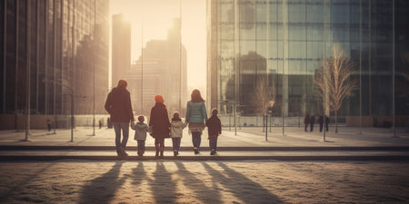 A family with four children, holding hands, walking in a bustling city. The view from behind captures their unity and the excitement of exploring the vibrant urban landscape. AI Generative AIの素材