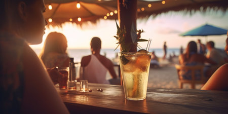 Beautiful refreshing drinks, shown in close-up, set against the backdrop of the sea at sunset, make for a perfect relaxing moment. AI Generative AI.の素材