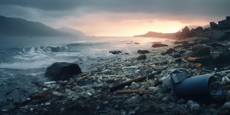 A heavily polluted sea shore paints a somber picture, with litter scattered across the once pristine beach, reminding us of the urgent need for environmental awareness and action. AI Generative AIの素材