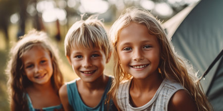 Happy children during summer enjoy their time at a camping site, surrounded by nature's beauty. They engage in outdoor activities, make new friends, and create cherished memories under the clear blue sky. AI Generative AIの素材