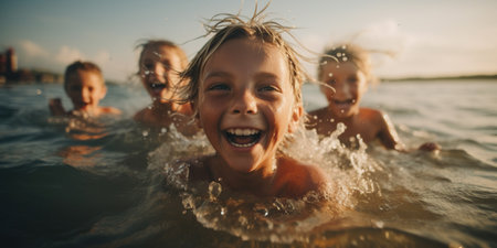 Several joyful children are splashing around in the sea, enjoying their time swimming. AI Generative AIの素材