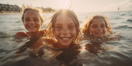 Several joyful children are splashing around in the sea, enjoying their time swimming. AI Generative AIの素材