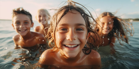 Several joyful children are splashing around in the sea, enjoying their time swimming. AI Generative AIの素材
