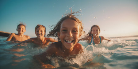 Several joyful children are splashing around in the sea, enjoying their time swimming. AI Generative AIの素材