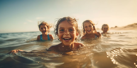Several joyful children are splashing around in the sea, enjoying their time swimming. AI Generative AIの素材