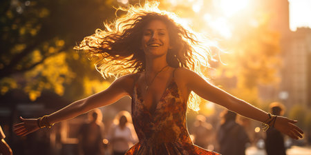 A joyful woman embraces the evening in the city, spreading her arms wide with delight, capturing the magic of the moment and embracing the urban energy. AI Generative AIの素材