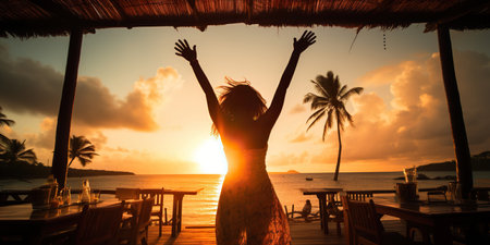 A beautiful woman gracefully dances in a beachside bar on a summer evening, effortlessly moving to the rhythm, radiating joy and capturing the essence of the magical seaside ambiance. AI Generative AIの素材