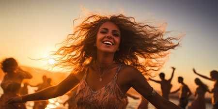 A beautiful woman gracefully dances in a beachside bar on a summer evening, effortlessly moving to the rhythm, radiating joy and capturing the essence of the magical seaside ambiance. AI Generative AIの素材