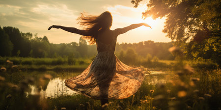 A beautiful woman gracefully dances in nature on a sunny summer day, her movements flowing seamlessly with the surroundings, embodying the joy and freedom of the moment. AI Generative AIの素材