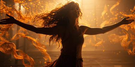 A beautiful woman dances gracefully on the beach by the sea on a summer day, her movements fluid and effortless, embodying the essence of joy and freedom. AI Generative AIの素材