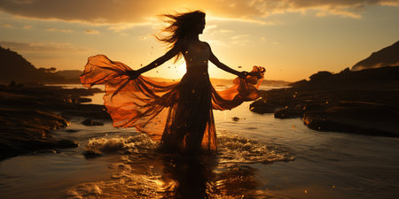 A beautiful woman dances gracefully on the beach by the sea on a summer day, her movements fluid and effortless, embodying the essence of joy and freedom. AI Generative AIの素材